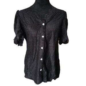 Luxveer Women's M Black Lace Button Up Short Sleeve Victorian Style Blouse, NWT